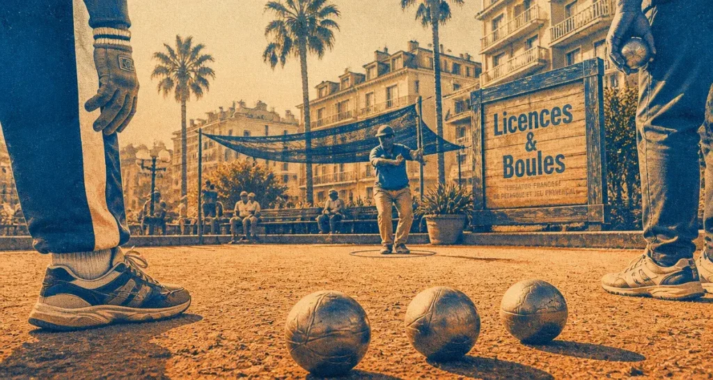 Pétanque nice sur un boulodrome niçois, joueurs et triplette de boules