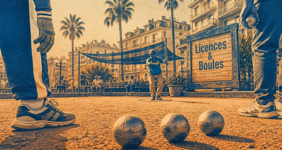 Pétanque nice sur un boulodrome niçois, joueurs et triplette de boules
