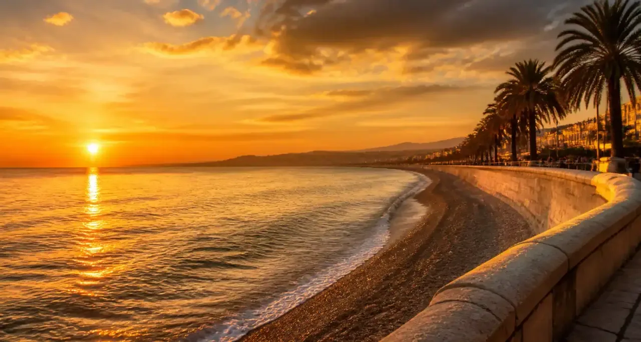 La Promenade des Anglais à Nice, au coucher du soleil